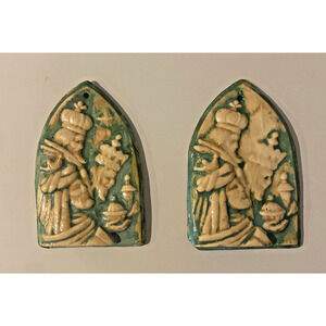 Vintage Hand Painted Ceramic Nativity Green Glaze Christmas Ornaments, Set Of 2